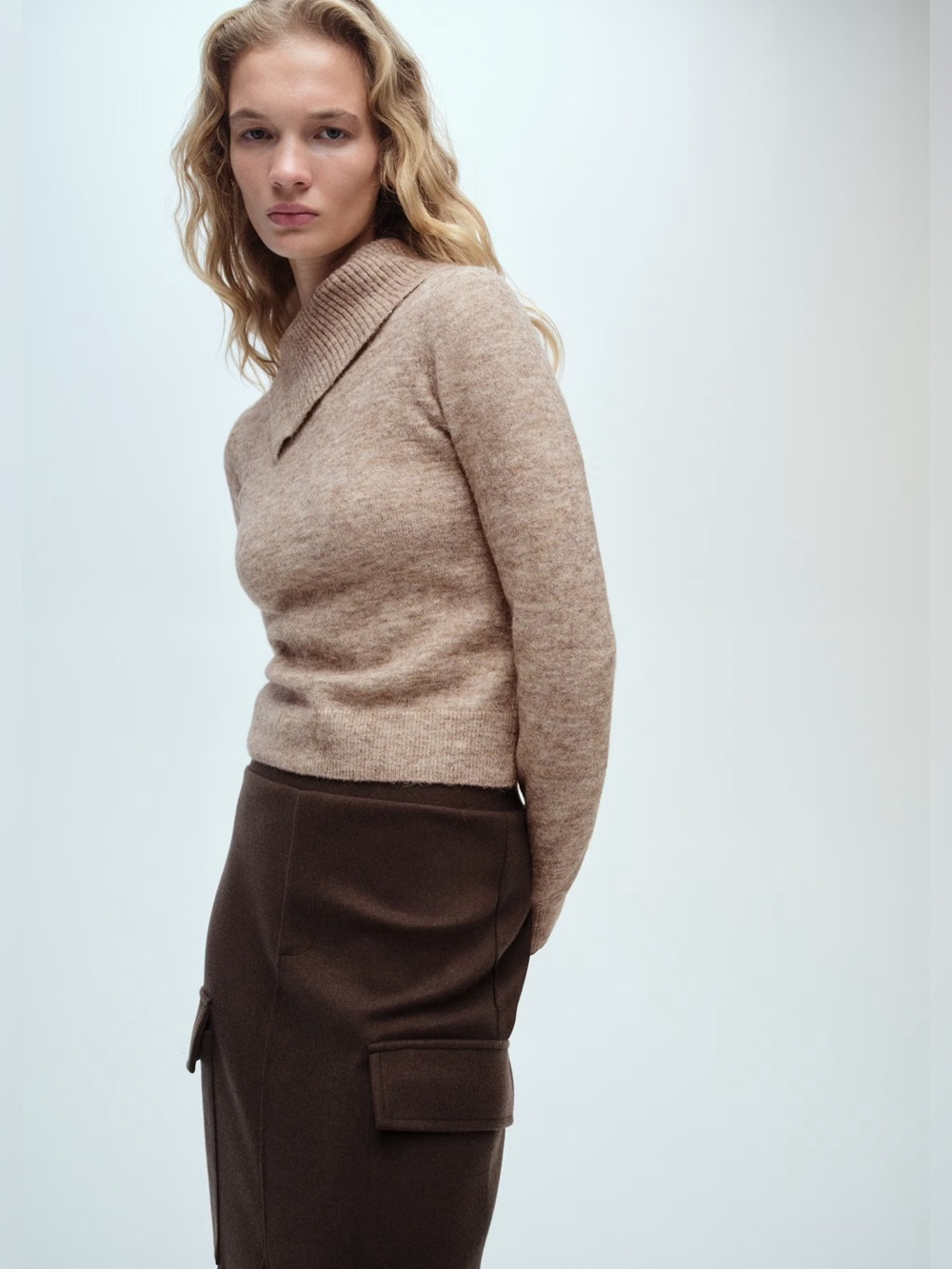 Mango brown sweater with wraparound lapel neck NWT